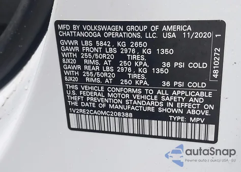 2021 Volkswagen Atlas Cross Sport 3.6L V6 Se W/Technology R-Line из США, поврежденный, VIN 1V2RE2CA0MC208388